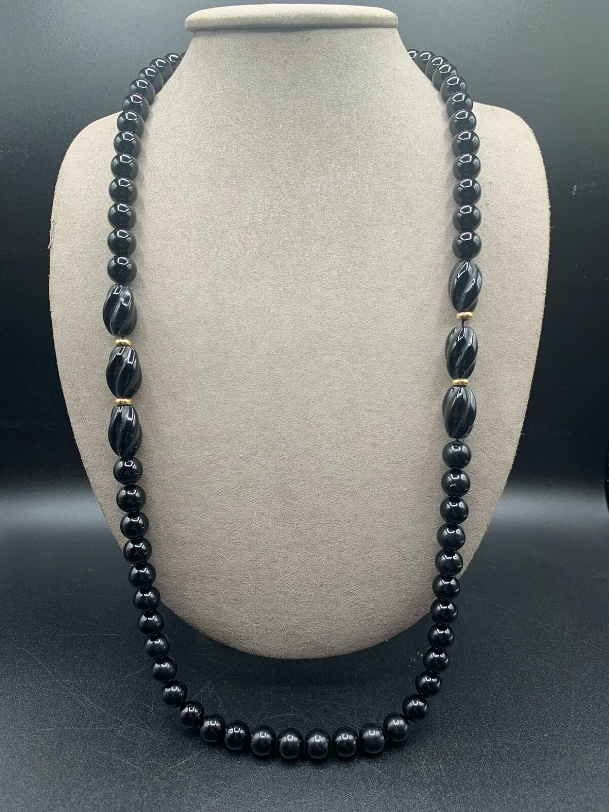 Black Onyx Necklace Beaded Long Strand 14K Gold S… - image 3