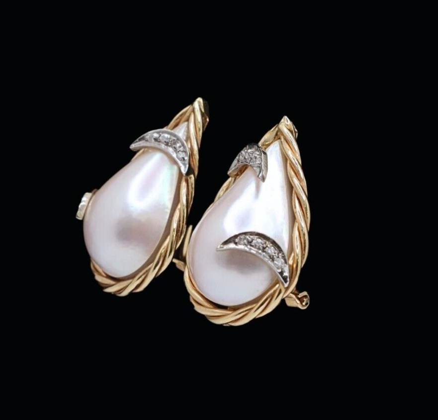 14K Yellow Gold Mabe Pearl & Diamond Stud Earrings - image 3