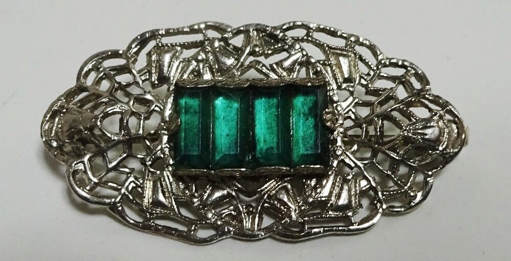 Dainty Vintage Art Deco Silver Filigree Green Rhi… - image 4