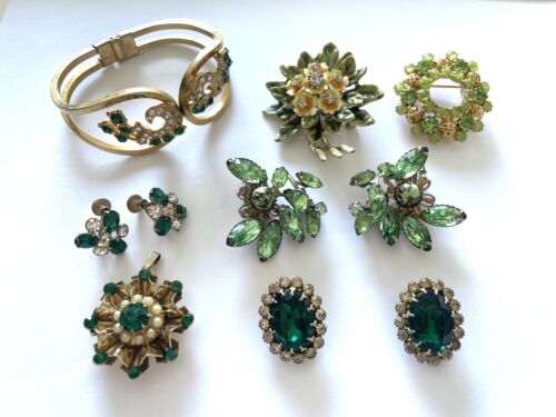 Vintage Green Rhinestones Lot Coro Unsigned Earri… - image 1