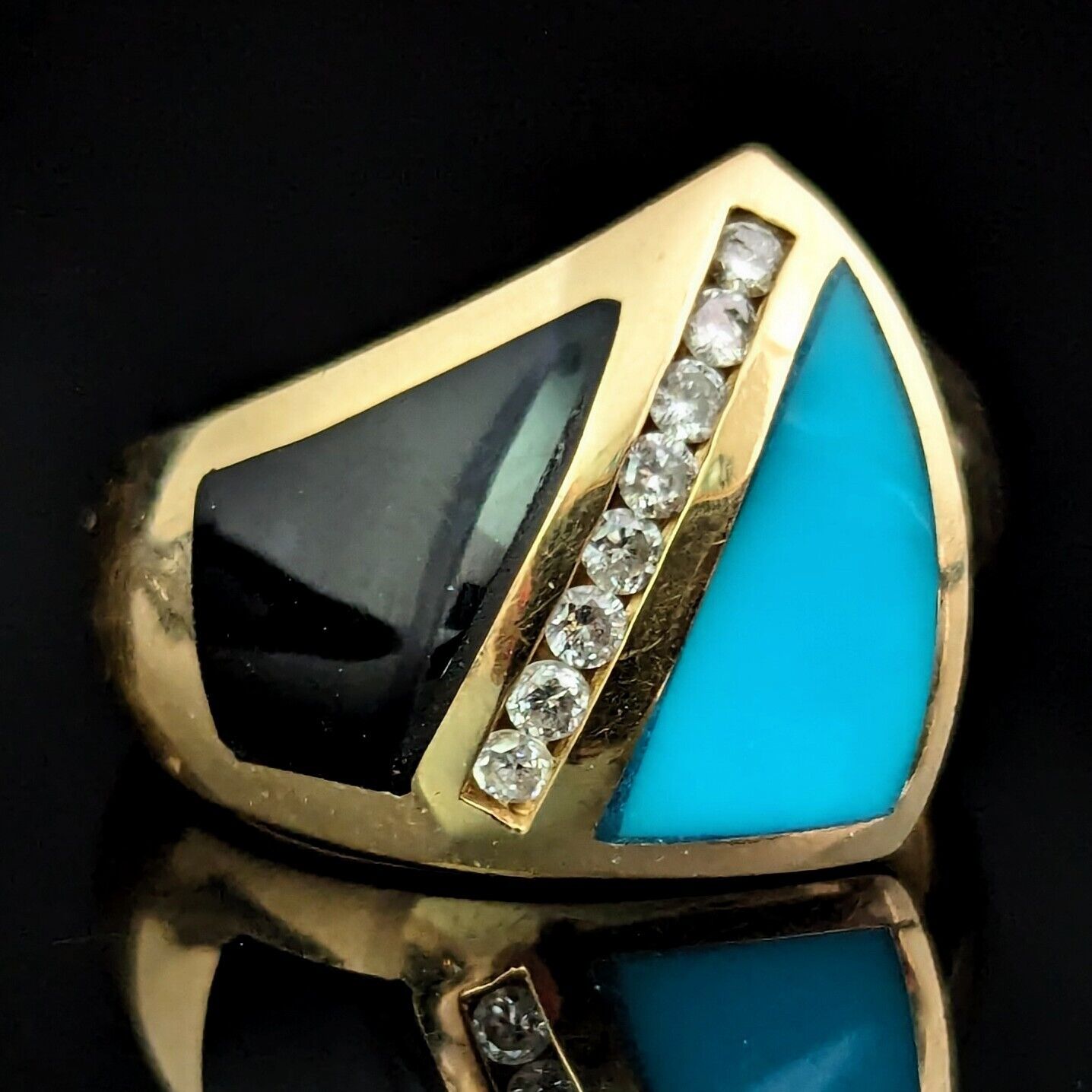 Vintage Diamond Turquoise Diamond 14k Yellow Gold… - image 2