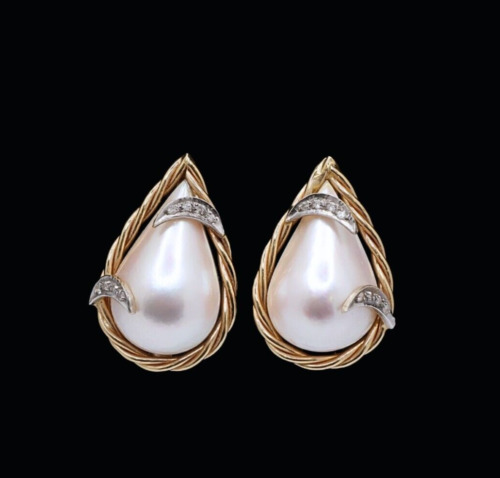 14K Yellow Gold Mabe Pearl & Diamond Stud Earrings - image 1