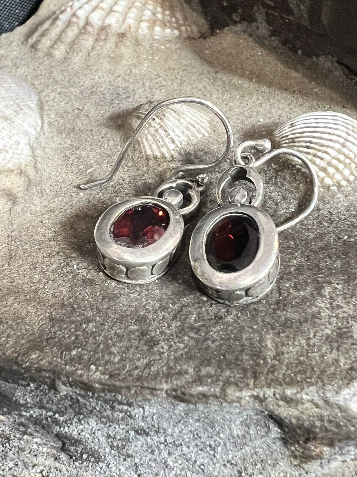 Old Vintage Sterling Silver Garnet Dangle Earrings - image 3