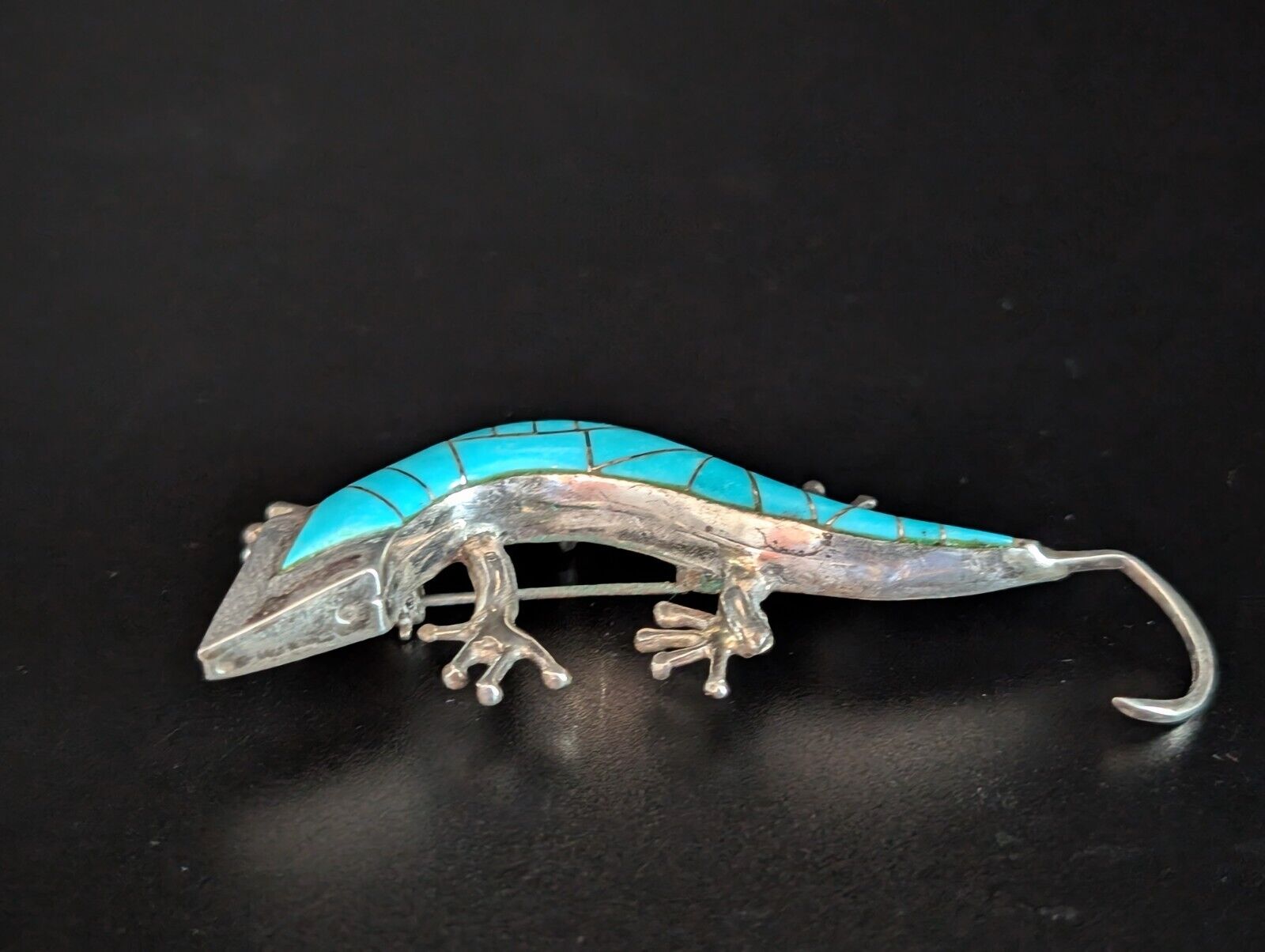 Silver colored and enameled turquoise brooch pin … - image 5