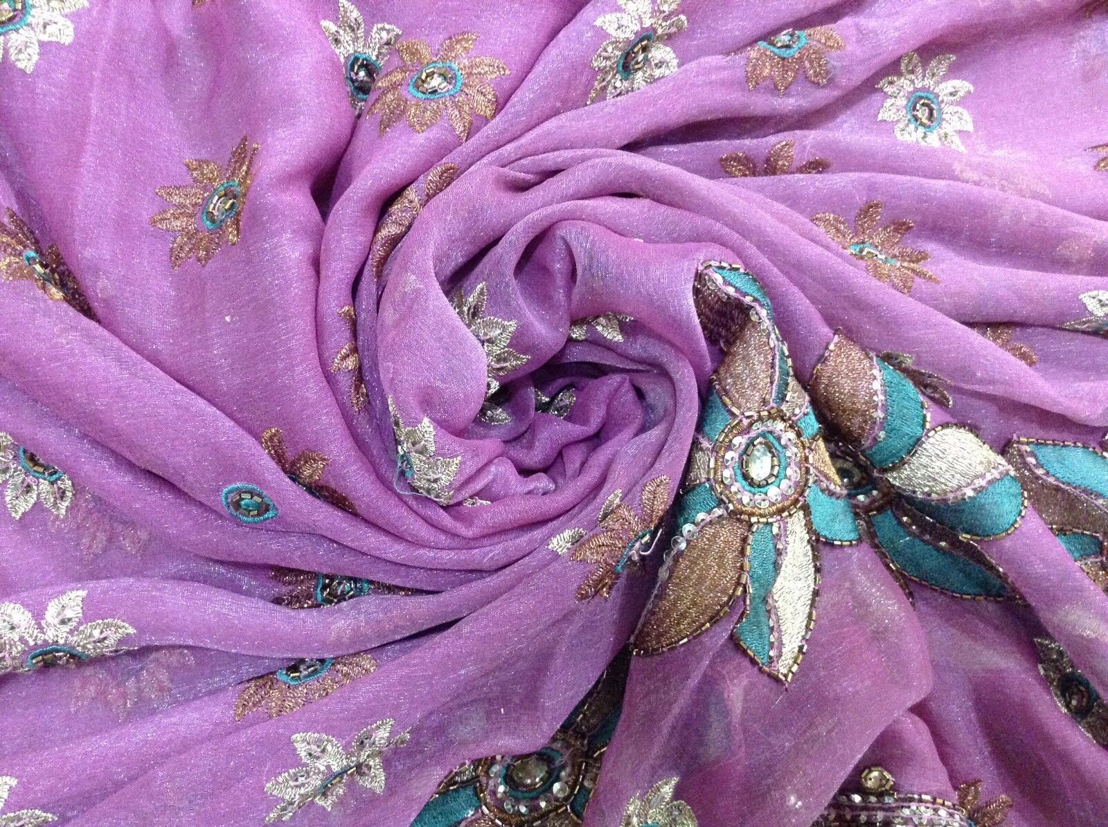 Om Vintage Indian Sari Georgette Hand Beaded Purp… - image 10