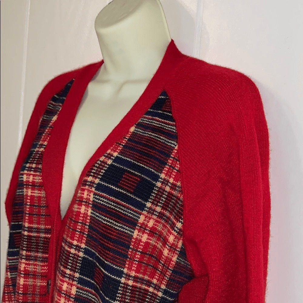 Vtg 80s Lee Sophy plaid wool cardigan sweater - image 2