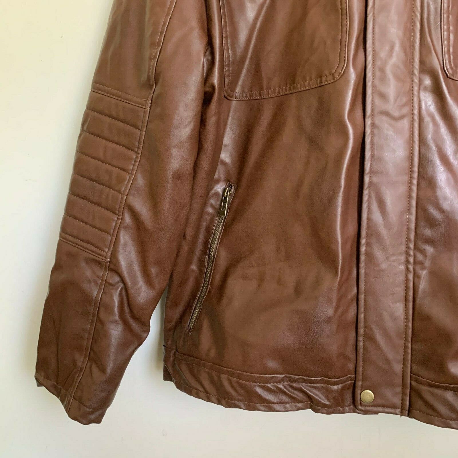 Yoki Mens Moto Jacket Brown Faux Leather Zip Pock… - image 4