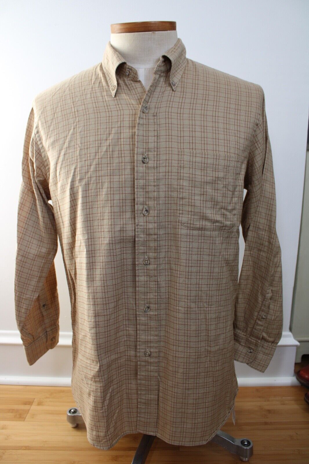 Vtg 90s Lands End 15.5 32 Brown Check Long Sleeve… - image 1