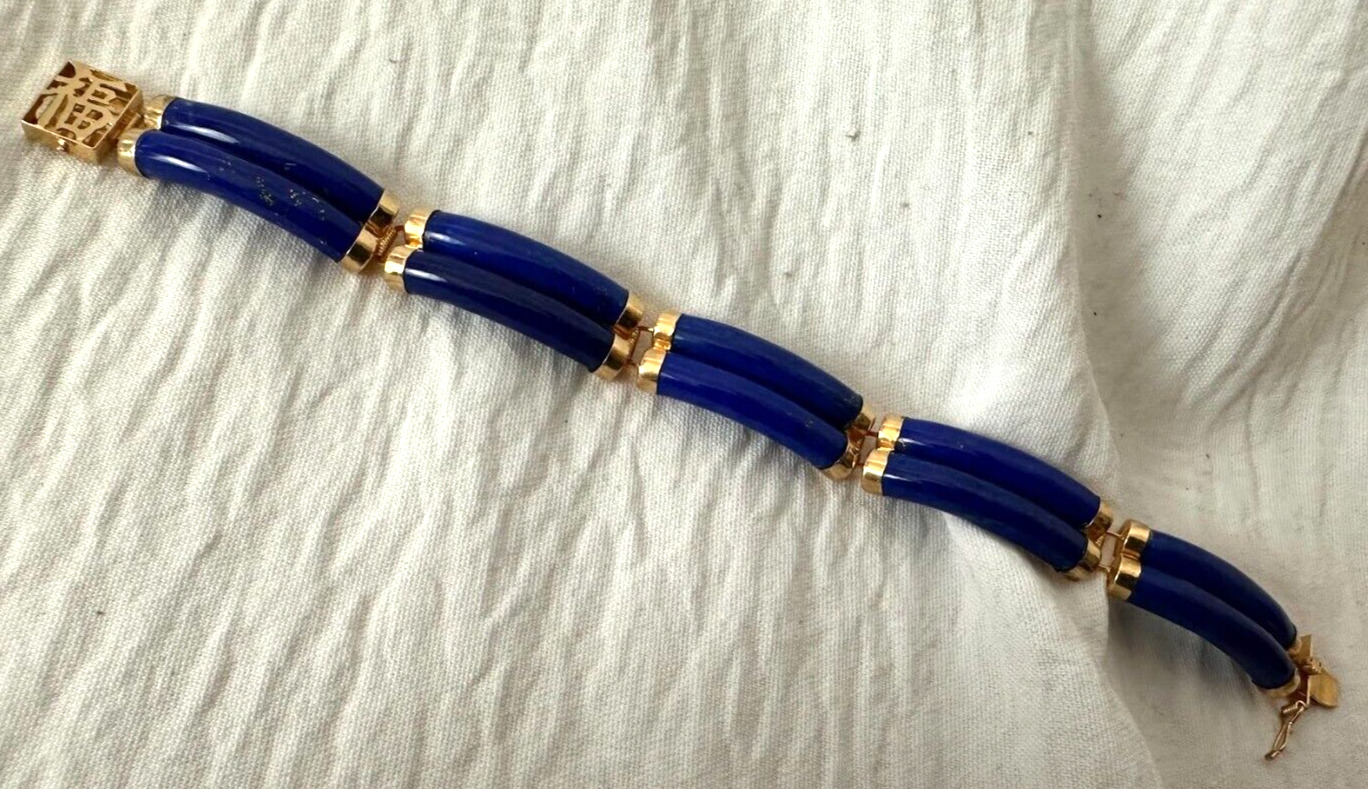 Vintage CHINESE 14K 585 Yellow GOLD & LAPIS Link … - image 1