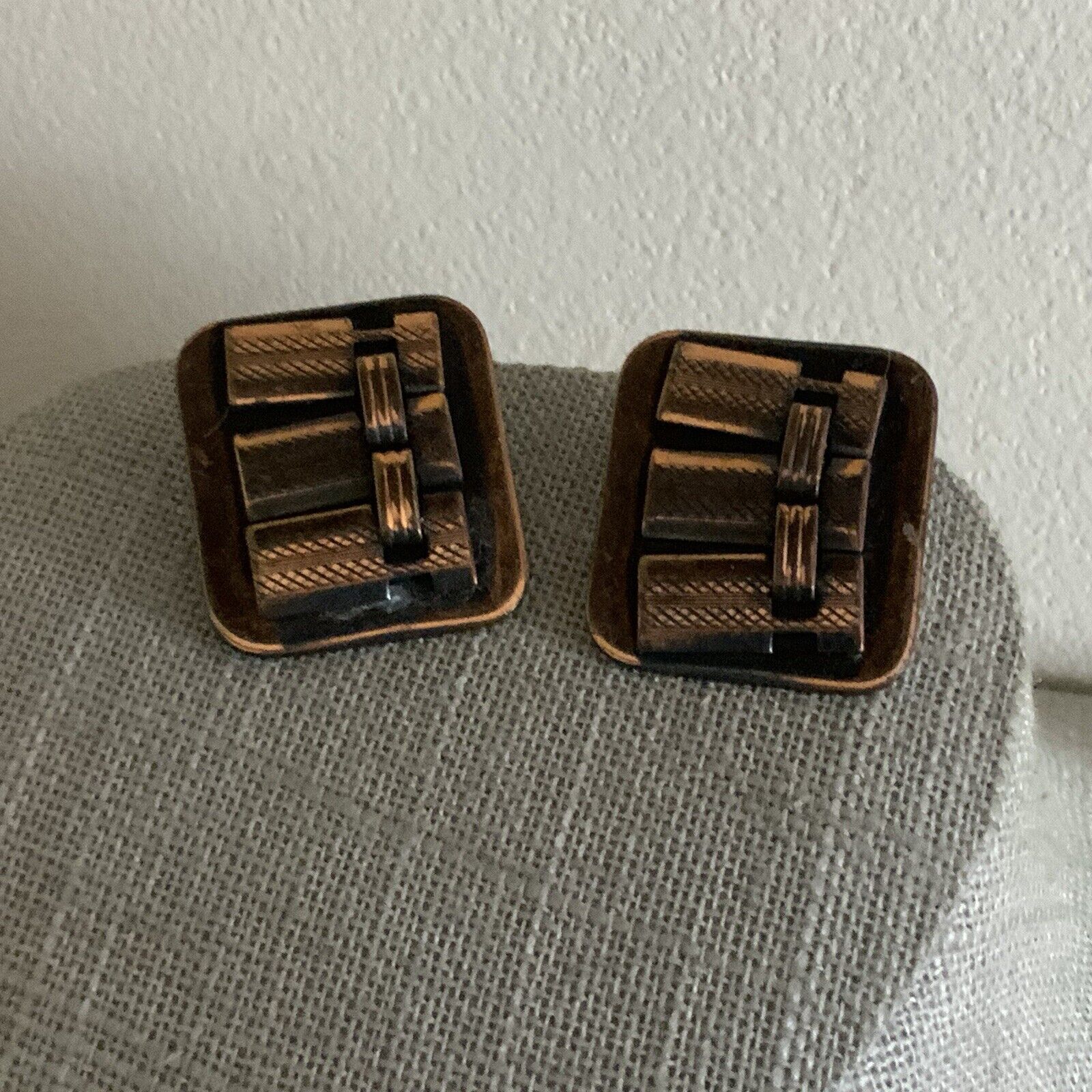 Vintage antique copper square clip on earrings mi… - image 5