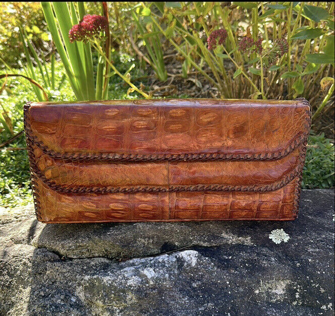 Vintage Genuine Alligator Purse Clutch Brown Leat… - image 9