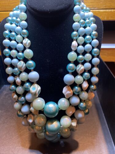 Vintage Faux pearl four strand necklace aqua Turq… - image 1