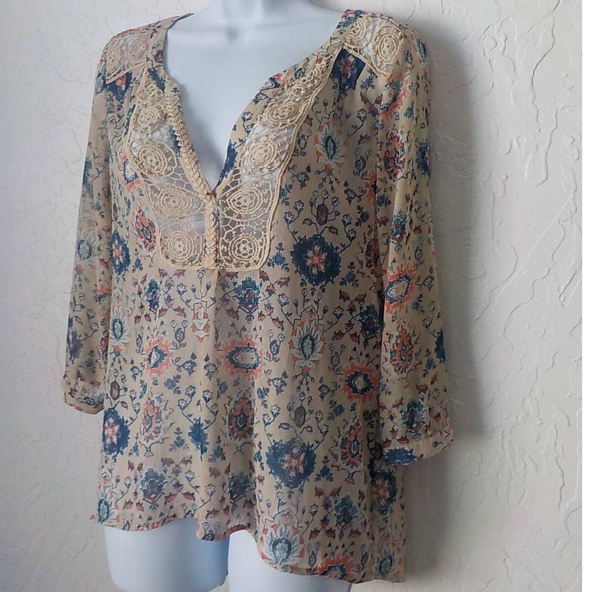 Maeve Anthropologie Beige Blue Floral Boho Peasan… - image 2