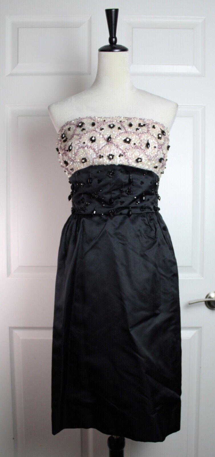 VTG Black Satin Sleeveless Dress Ivory Bodice Bea… - image 1