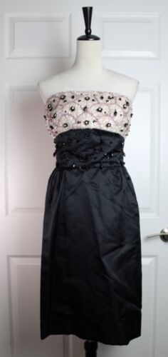 VTG Black Satin Sleeveless Dress Ivory Bodice Bea… - image 1