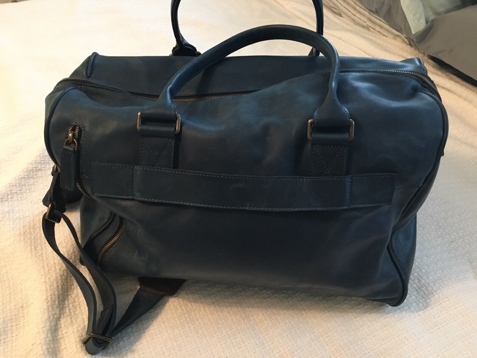 MOORE & GILES Blue Leather BOOKER CABIN Duffel Ov… - image 2