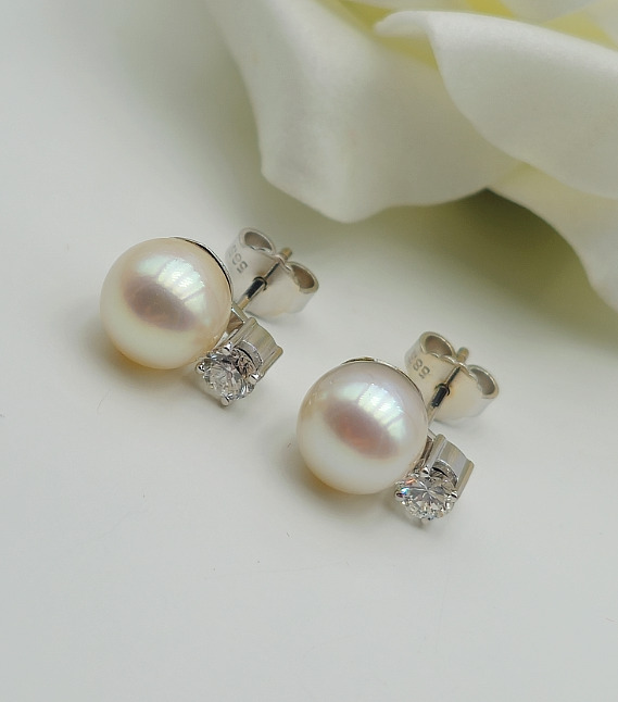 Pearl Brilliant Stud Earrings - 585 White Gold - … - image 4