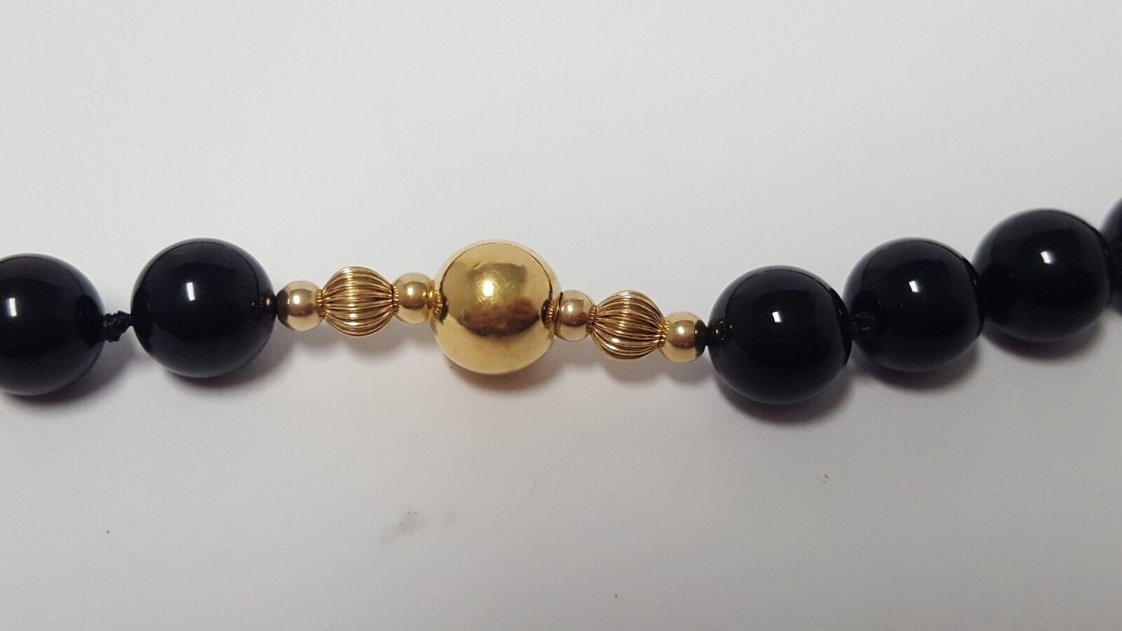 14K Gold Station Black Onyx 8mm Bead Necklace Han… - image 5