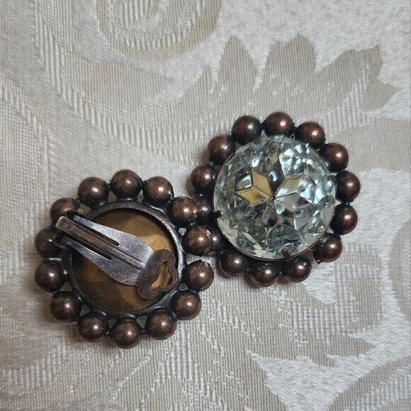 Vintage 70's Bronze Clear Glass Large Clip On Ear… - image 4