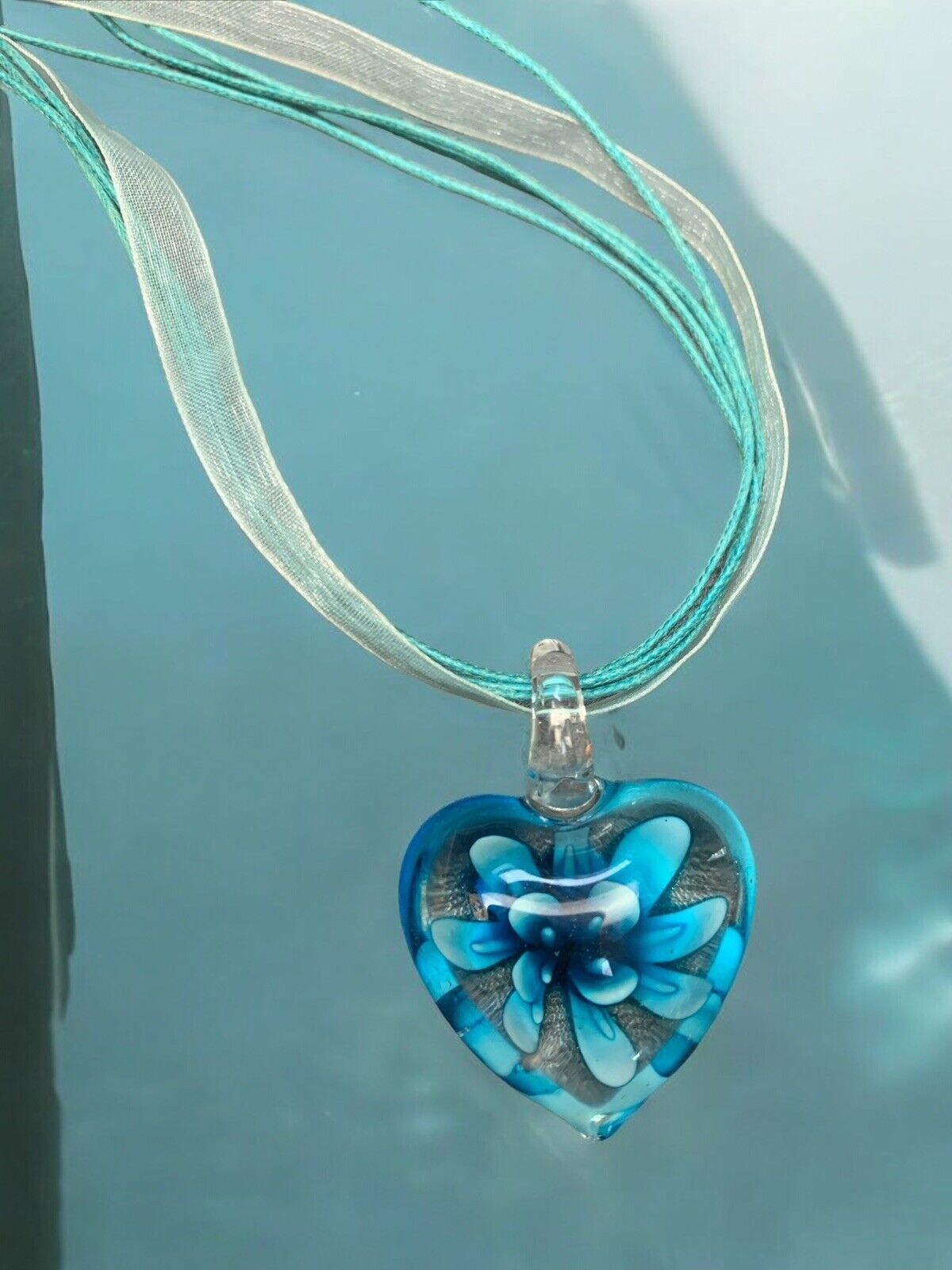 Vintage Blue Aqua Heart Art Glass Pendant Necklac… - image 11