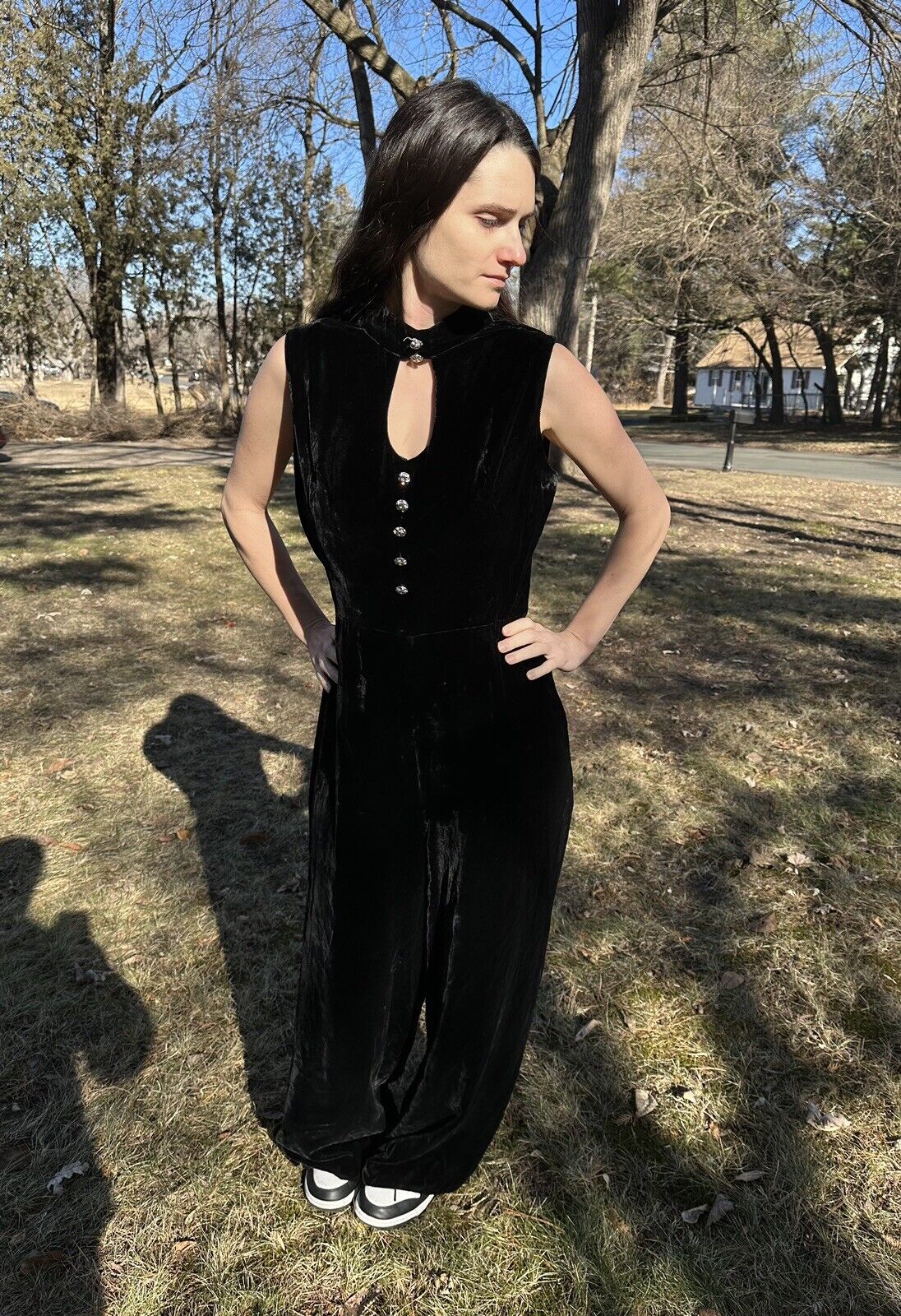 1960s Black Velvet Wide Leg Jumpsuit - image 6