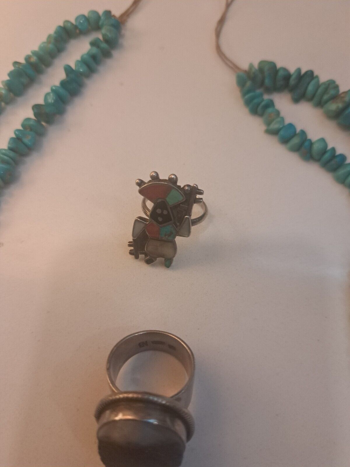 vintage navajo  Turquoise Bead Necklace & 2 Rings - image 3