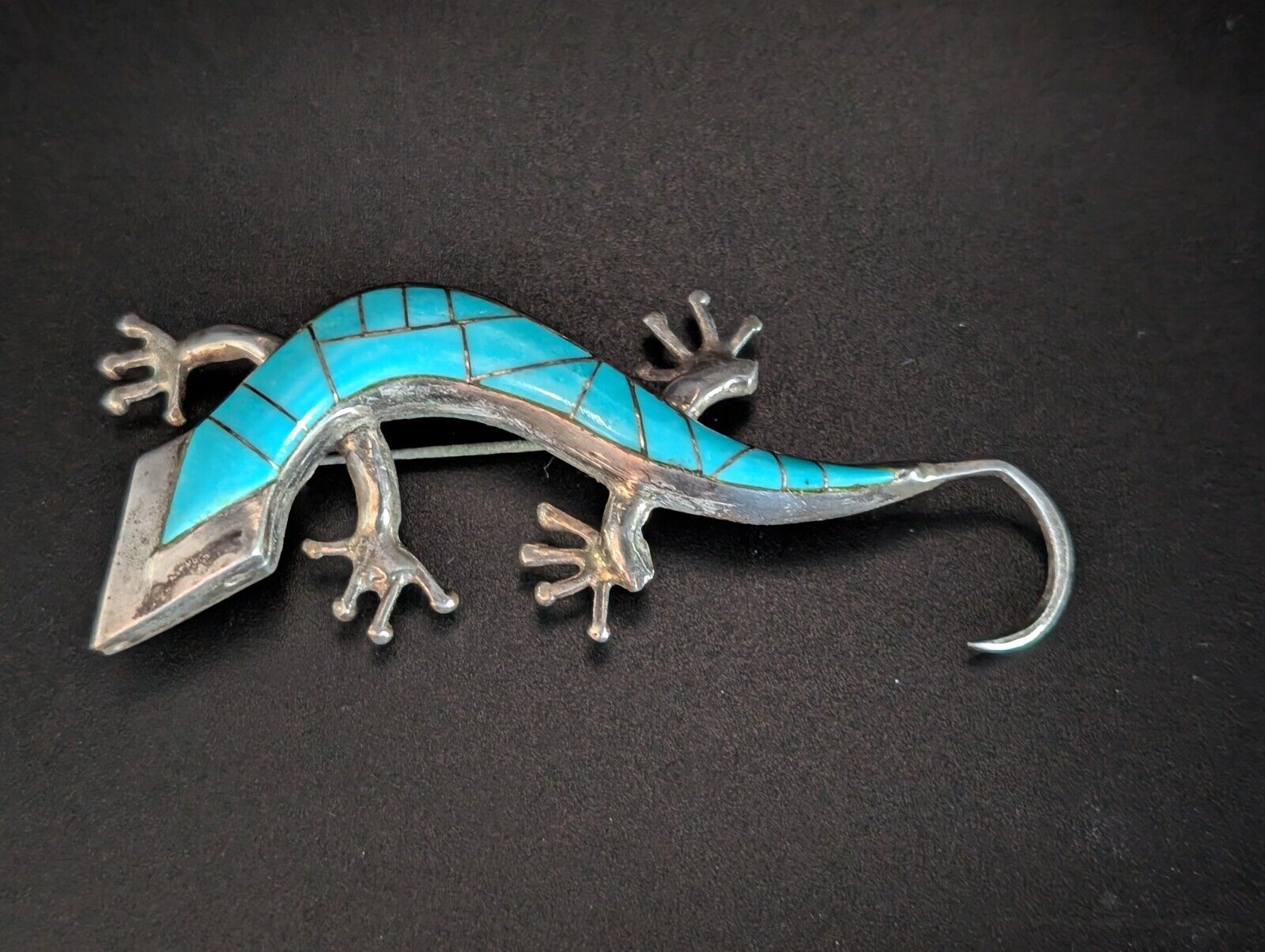 Silver colored and enameled turquoise brooch pin … - image 6