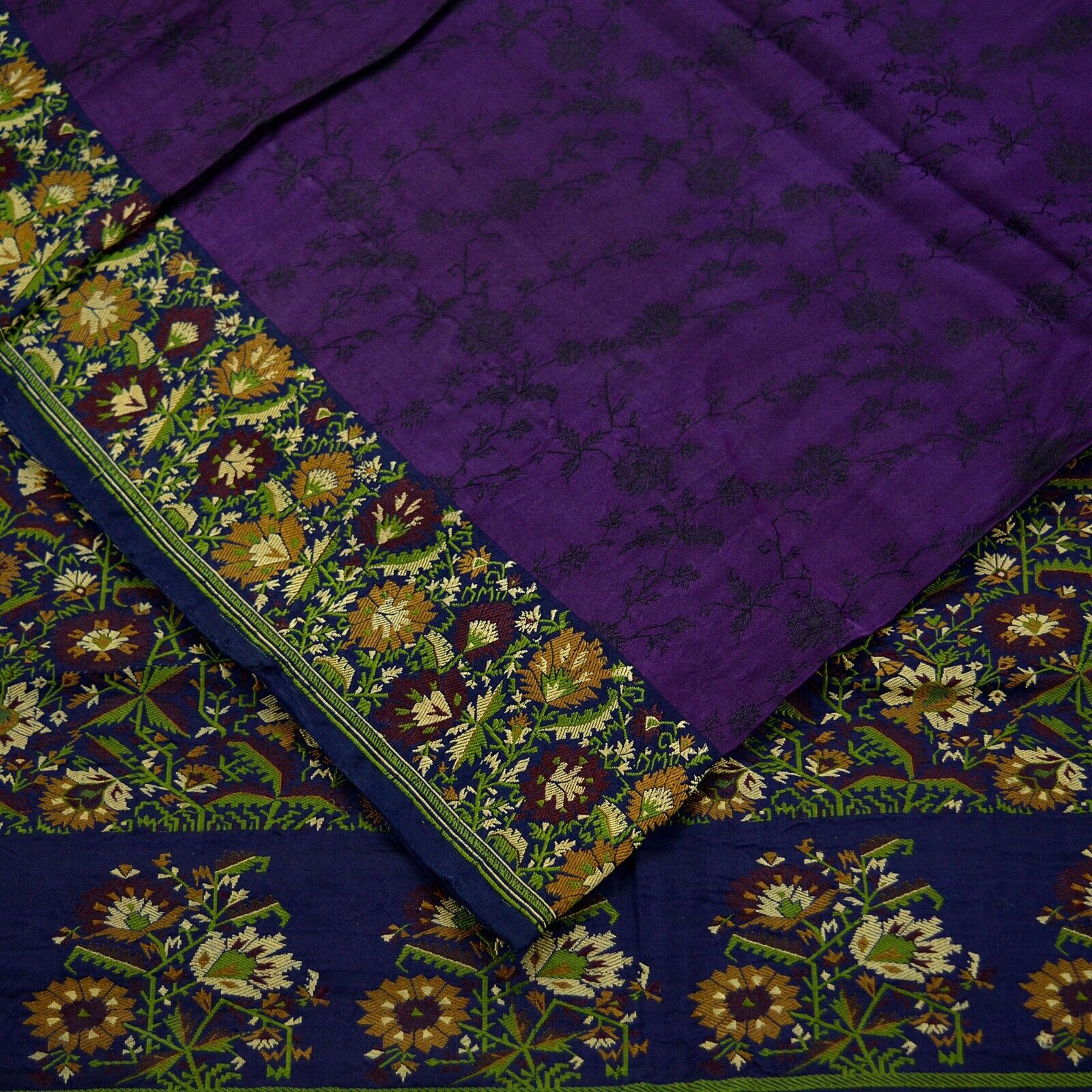 Vintage Heavy Sari Purple & Blue Pure Satin Silk … - image 3