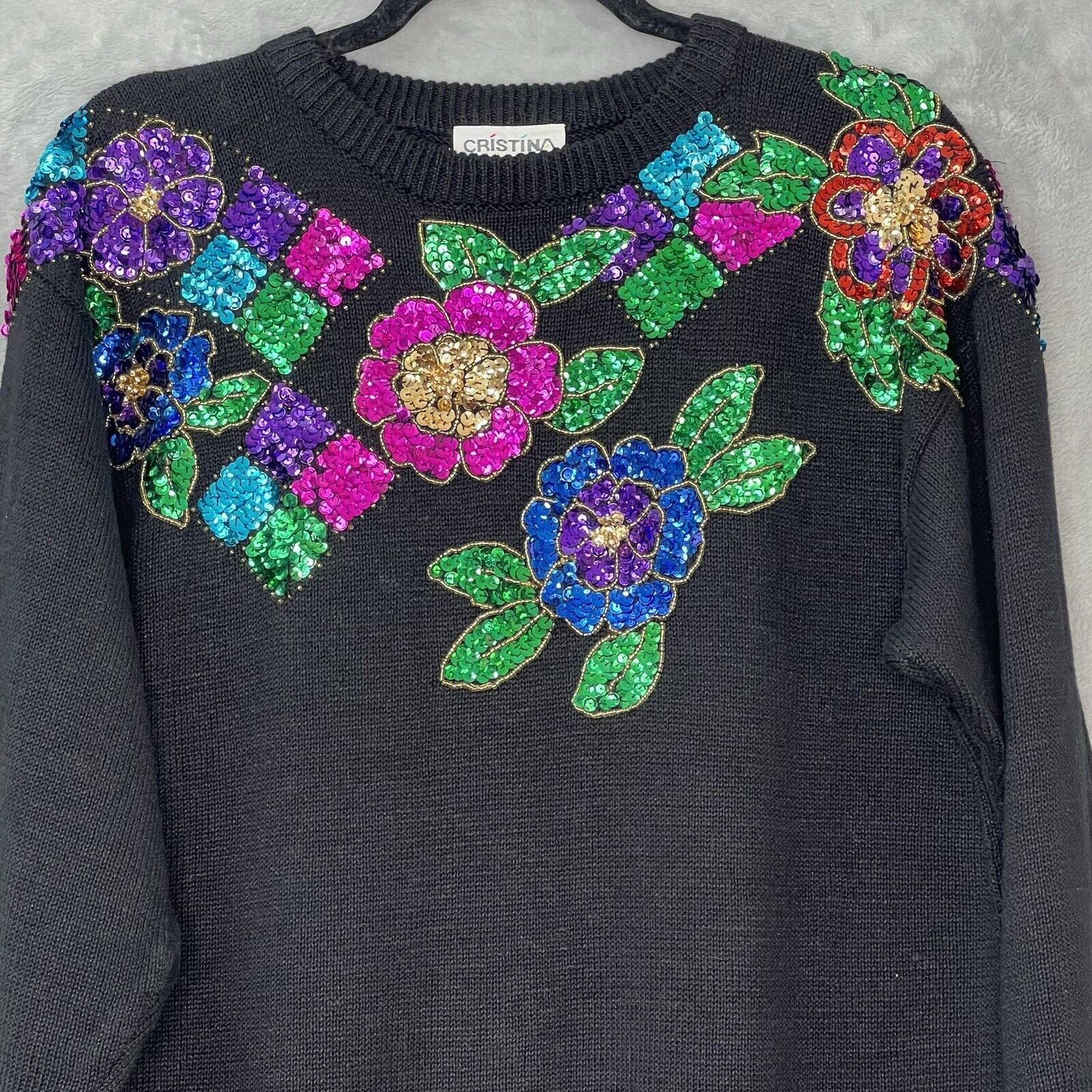 Vintage 80's Cristina Floral Sequined Long Sleeve… - image 2