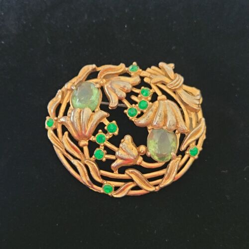 Vtg Antique Art Nouveau Green Rhinestone Gold Tone