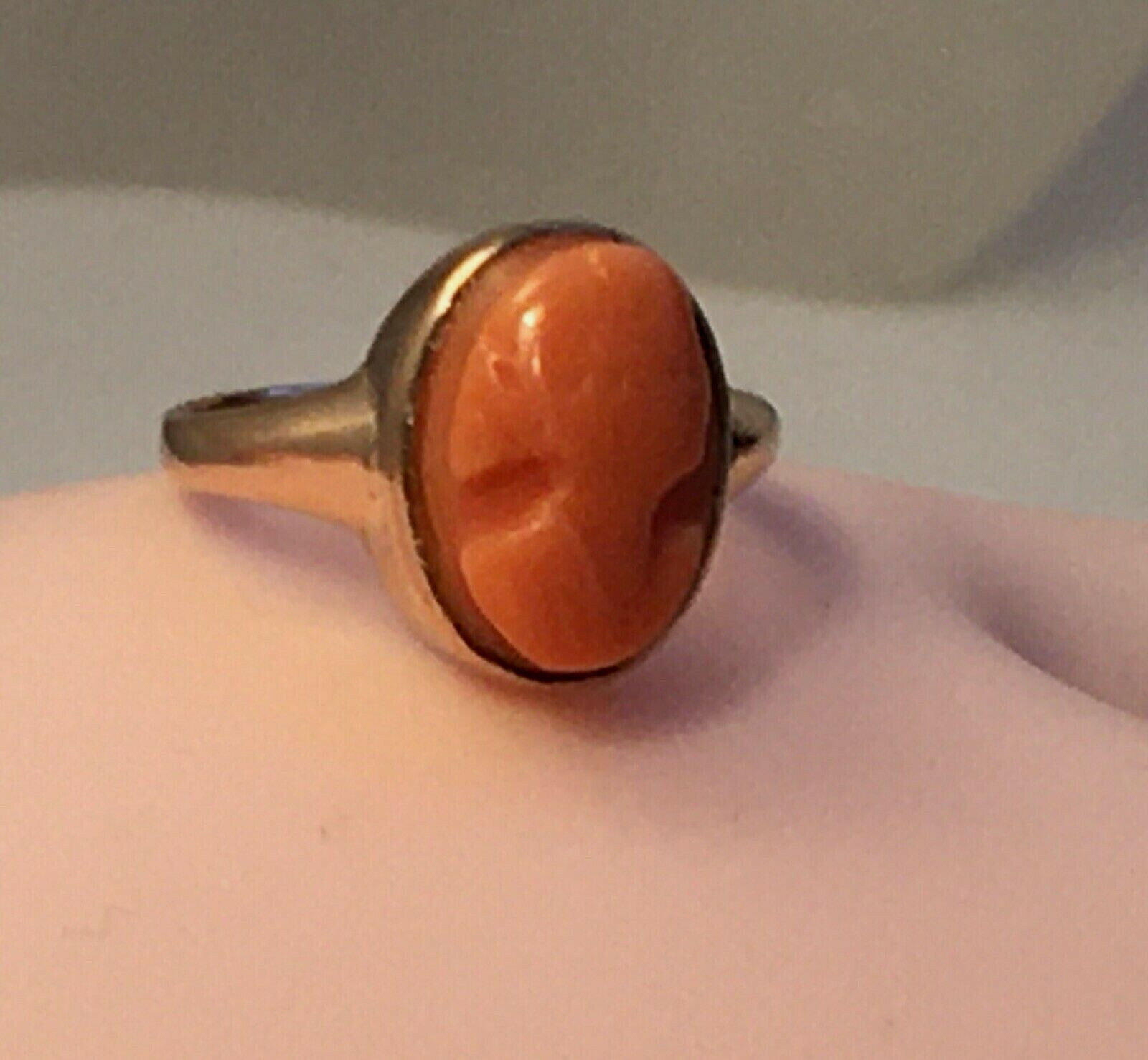 ANTIQUE SALMON CORAL CARVED CAMEO  RING 14K Gold … - image 3