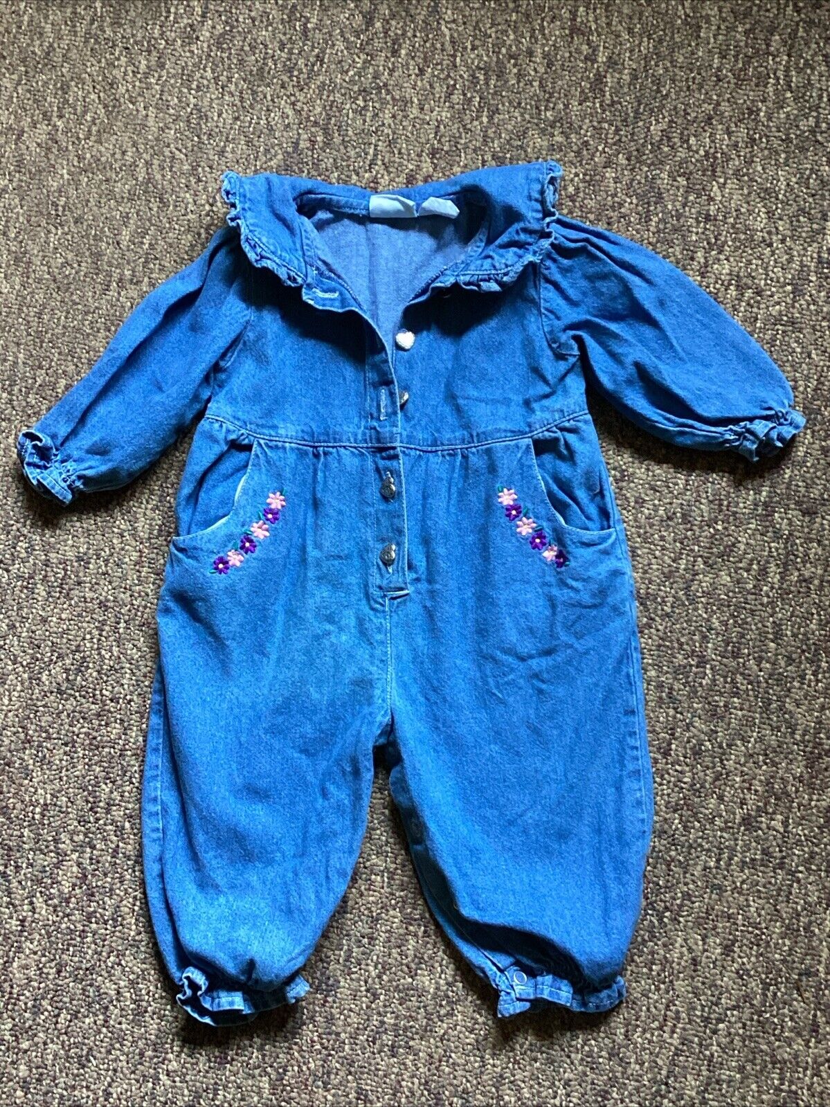 Vtg CUDDLE BEAR Denim Romper Embroidered Flowers … - image 2