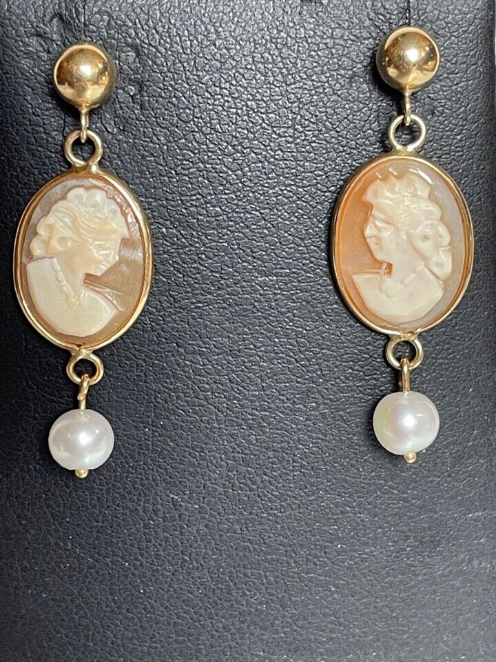 ELEGANT 14K YELLOW GOLD & PEARLS CAMEO EARRINGS - image 1