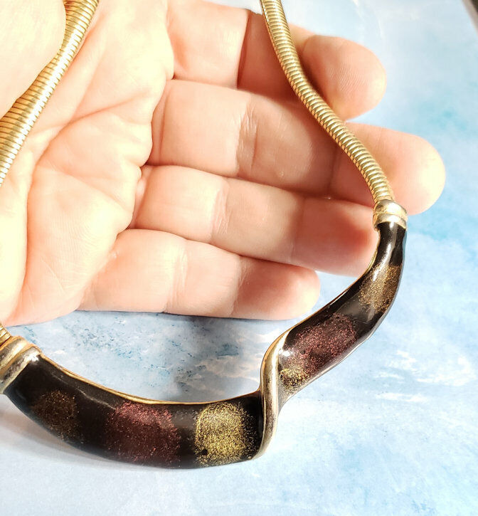 Vintage Bib Necklace Snake Chain Enamel Gold-tone… - image 3