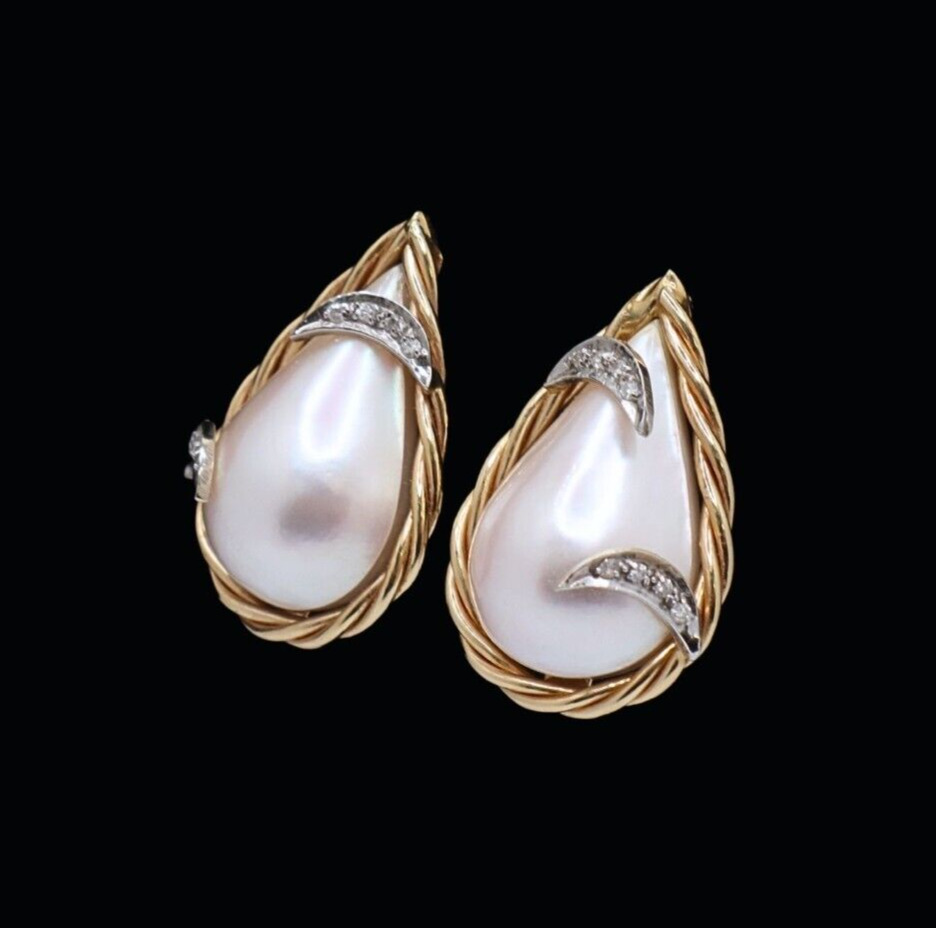 14K Yellow Gold Mabe Pearl & Diamond Stud Earrings - image 4