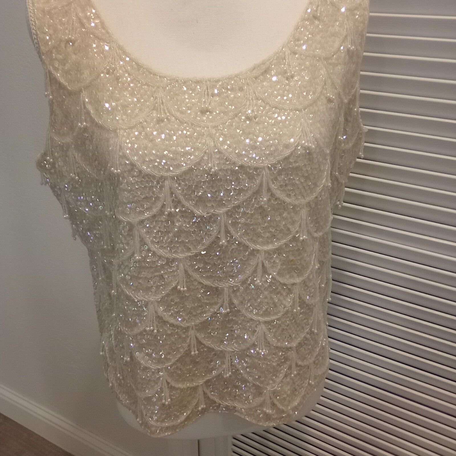 Vtg 1960's Sequined Beaded Ivory Sleeveless Party… - image 7