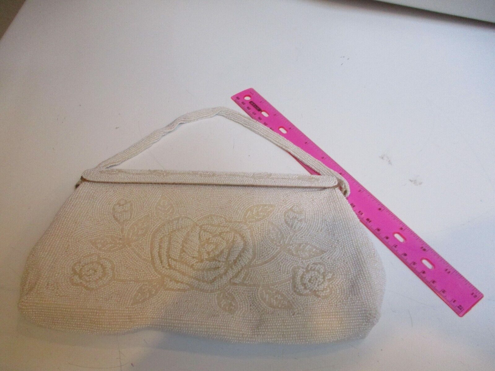 Vintage White Beaded Floral Design Evening Bag Pu… - image 7