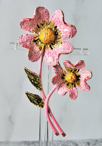 Vintage ART Pink Enamel Dual Flower Signed Brooch 