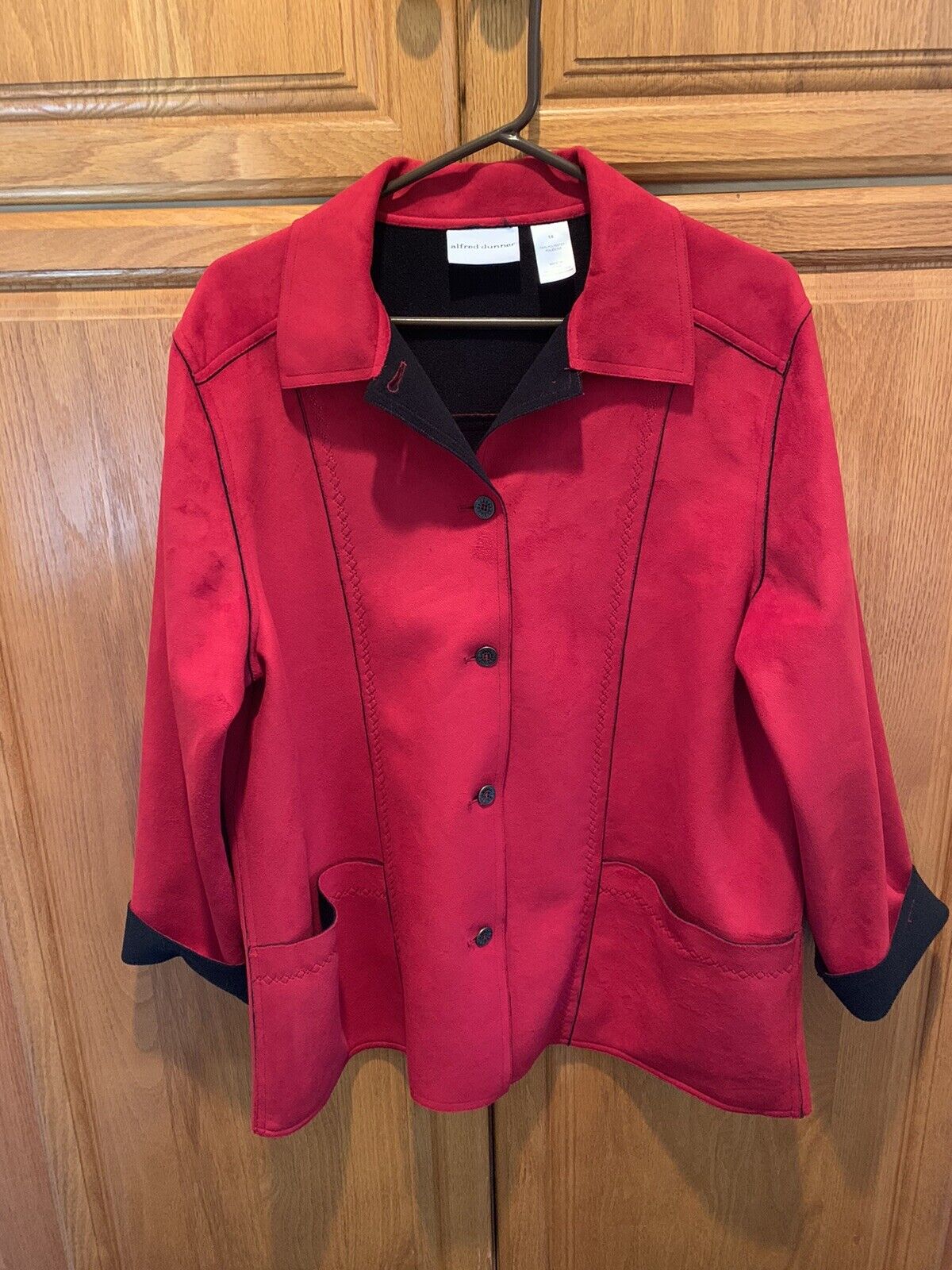 Alfred Dunner Red and Black Faux Suede Coat sz 14 - image 1