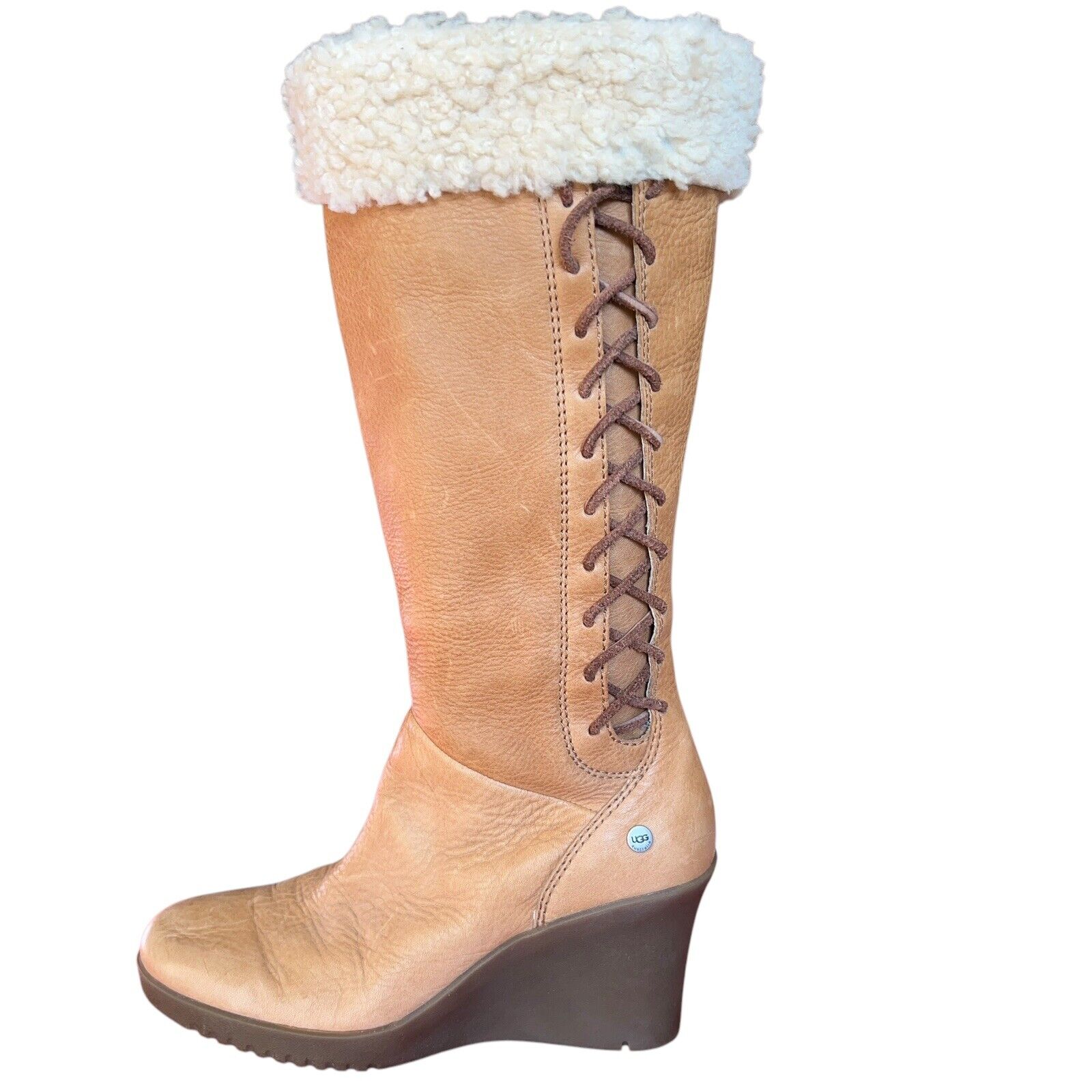 UGG Felicity Caramel Leather Shearling Cuff Wedge… - image 4