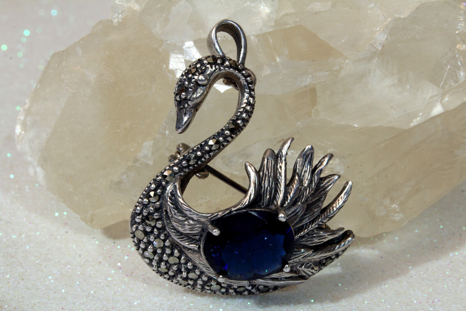 Vintage 925 Sterling Silver Marcasite SWAN 2 in 1… - image 1