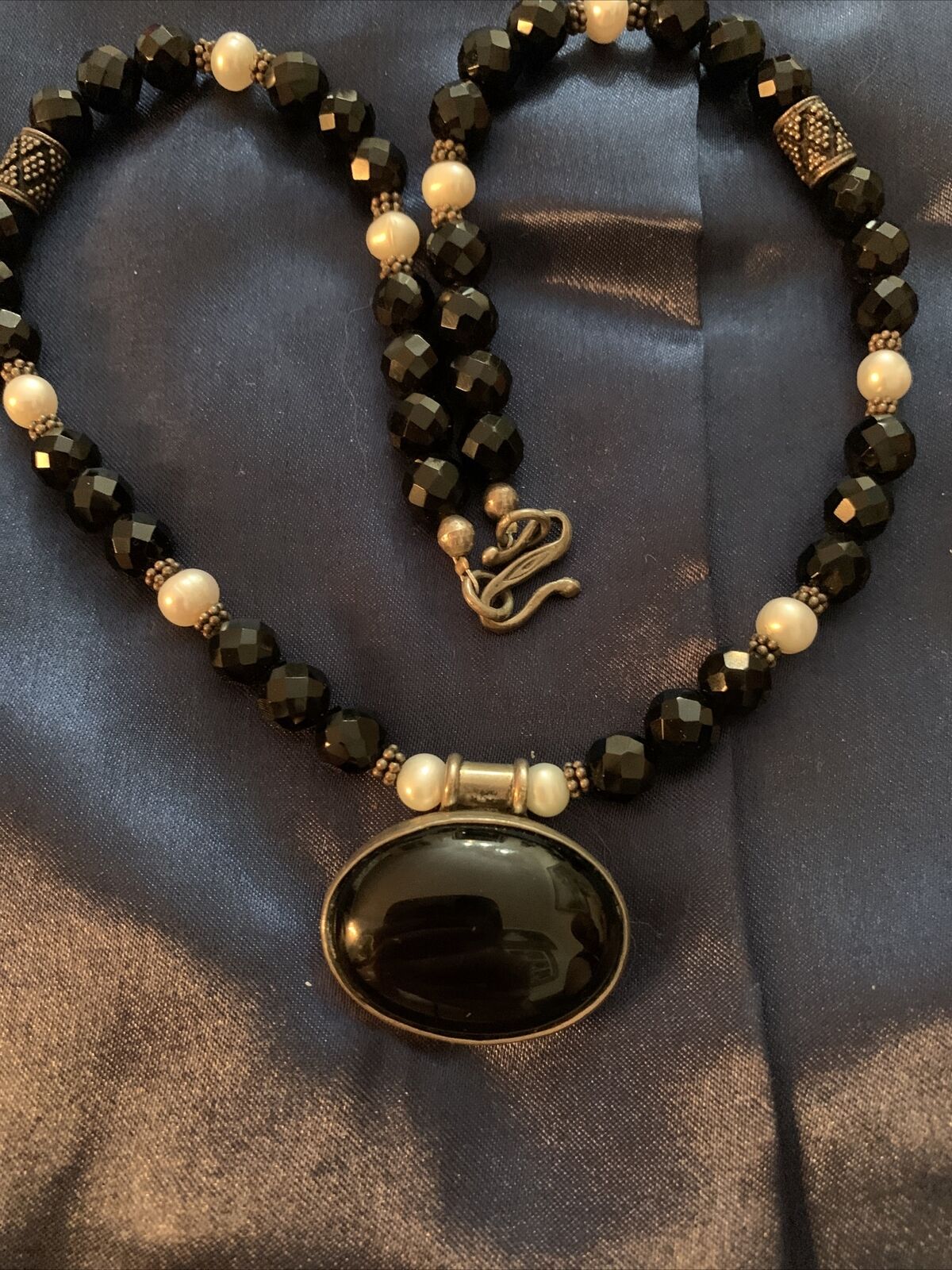 ART DECO REVIVAL 925 LARGE BLACK ONYX FACETED BEA… - image 2