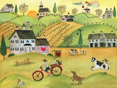 Original Folk Art Watercolor Painting Bicycle Dog Angel Heart Church Barn Cows | Ebay