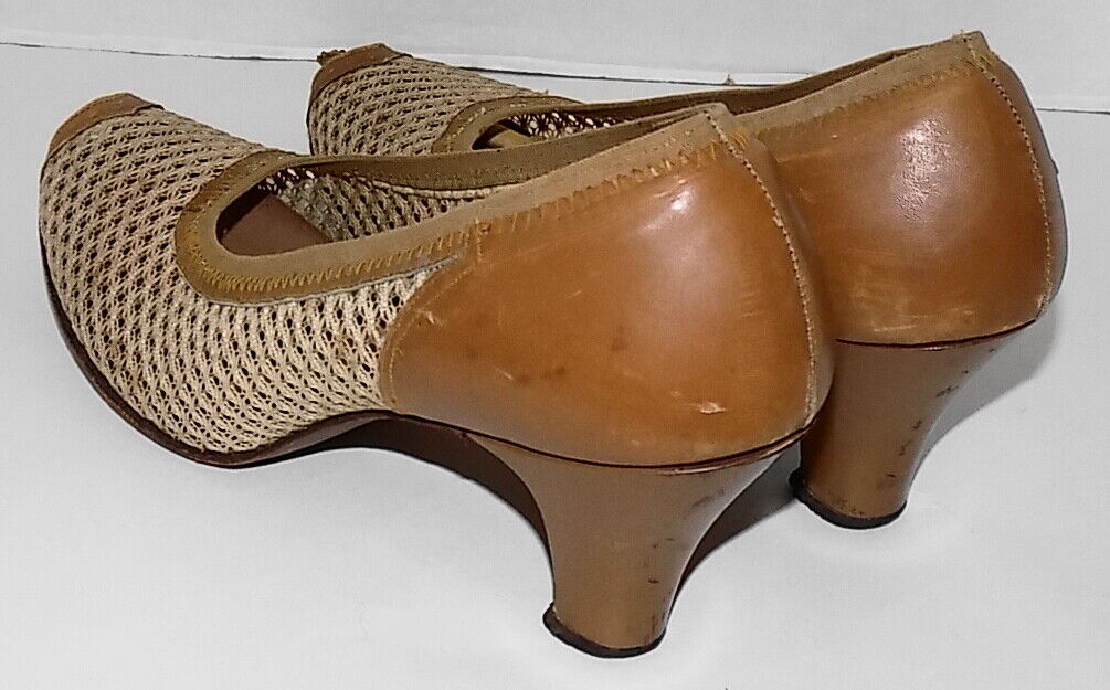 Vintage 40s 50s Light Brown Leather Mesh Peep Toe… - image 6