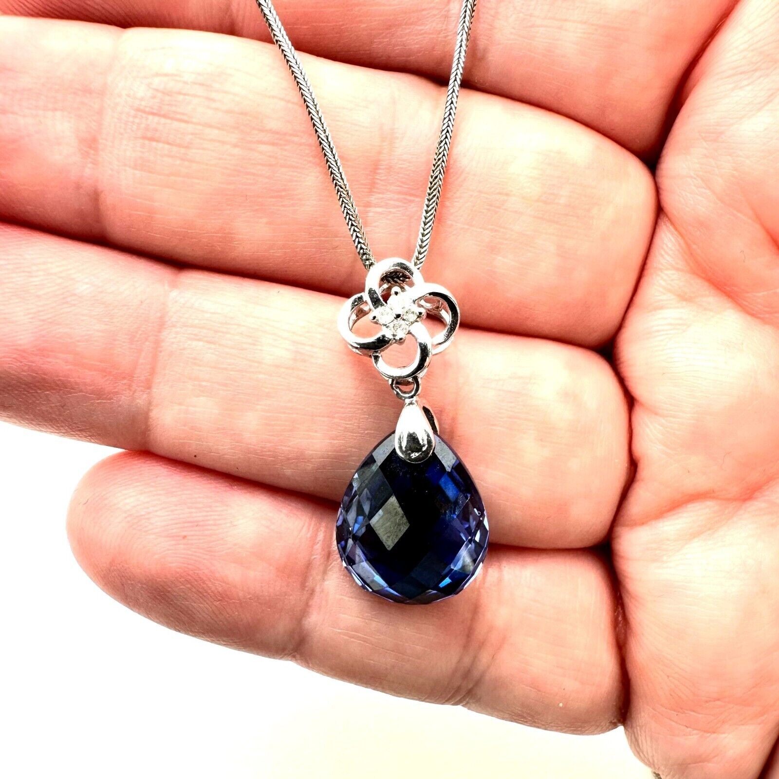 Womens Necklace 10K White Gold Blue Sapphire Tear… - image 3