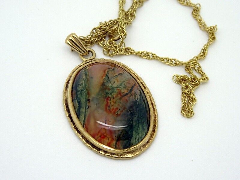 9ct Yellow Gold Moss Agate 80's Pendant + 9ct Cha… - image 5