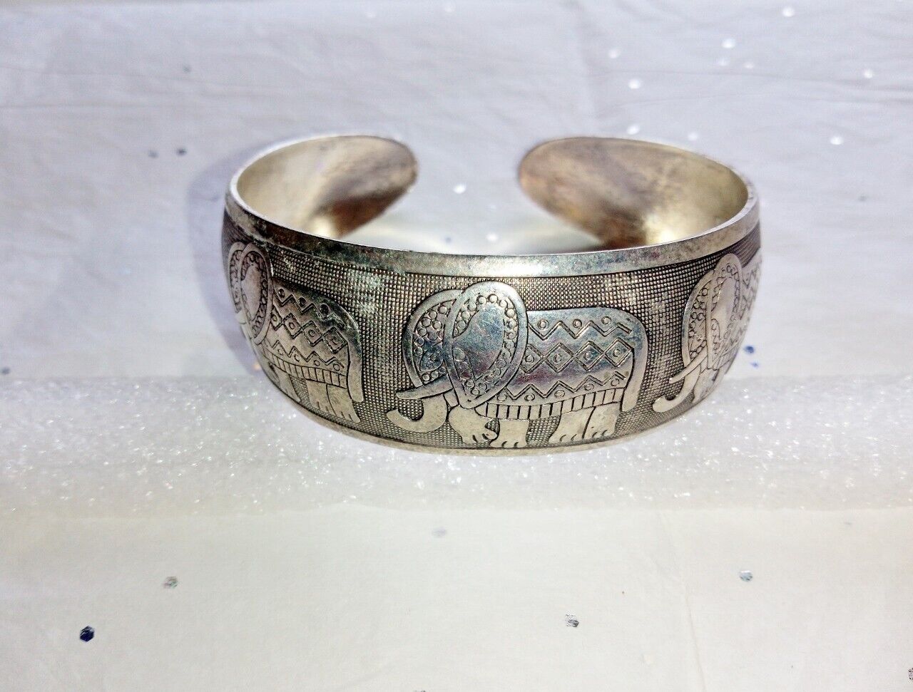 Vintage Silver Tone Embossed Tibetan Elephant Wid… - image 4