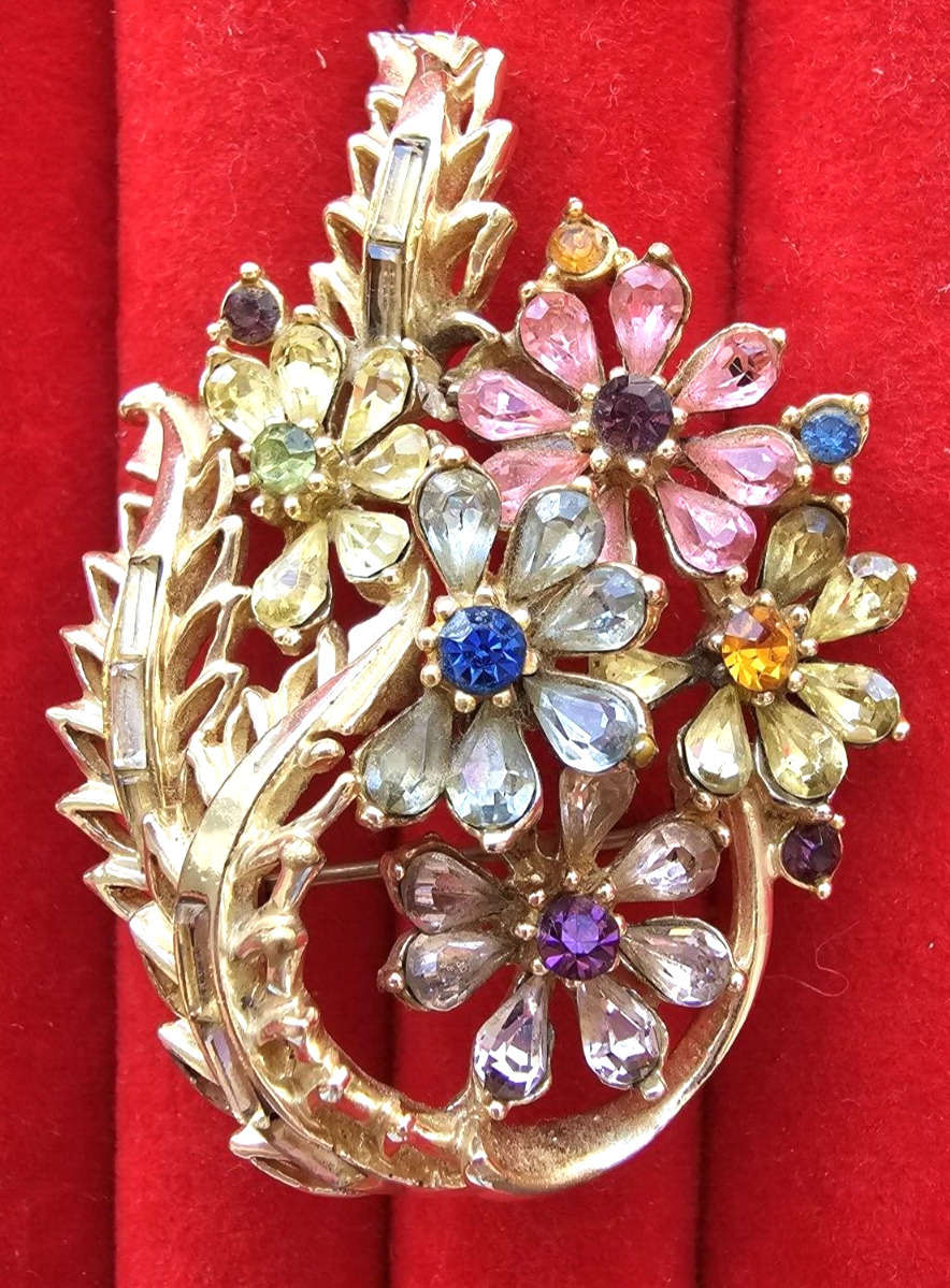 Vintage Signed Corocraft Rhinestone Pink Yellow B… - image 1