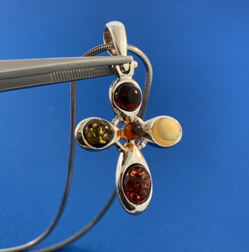 Designer 925 Sterling Silver Amber Modernist Cros… - image 1