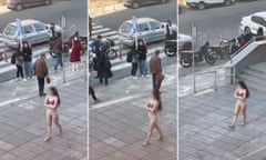 Three pictures of a woman walking down a street in her underwear as others, including veiled women, look on